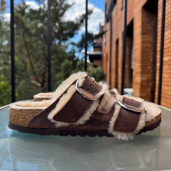 New Birkenstock Arizona Big Buckle Shearling Sandals Leather Brown US 8 / EUR 39 - Picture 4 of 14